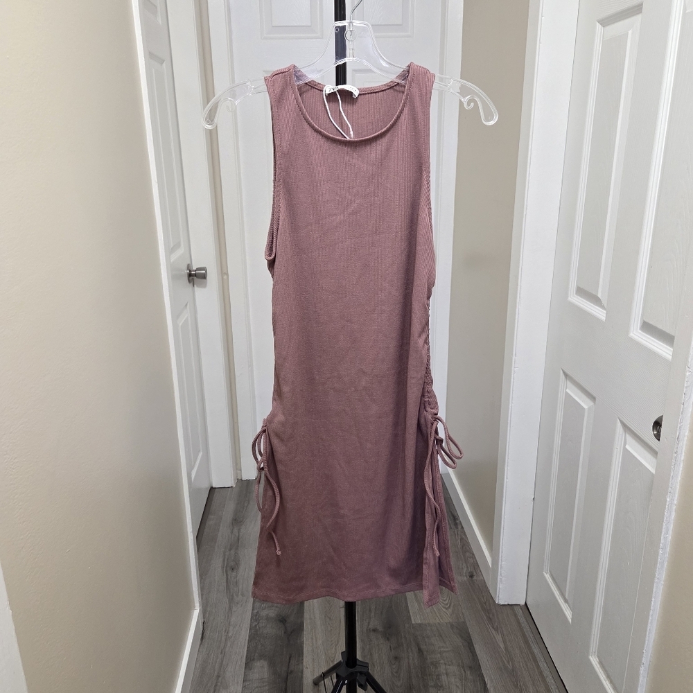 Zara Ribbed Pink Ruched Side Sleeveless Mini Dress Tunic Bodycon Stretch Trendy - Picture 3 of 10